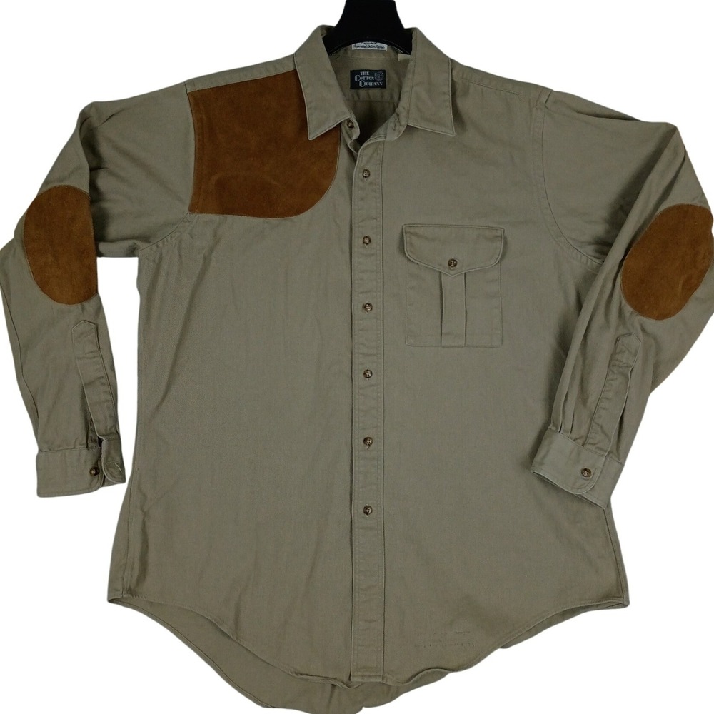 The Cotton Company USA Vintage Shooting Shirt‎ Men L Tan Denim Leather Patched